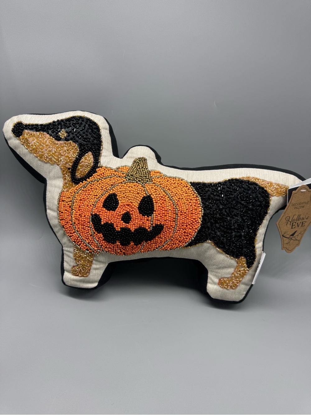Hallow’s Eve Dachshund Dog Beaded Pillow Jack-o-Lantern Pumpkin Halloween Decor